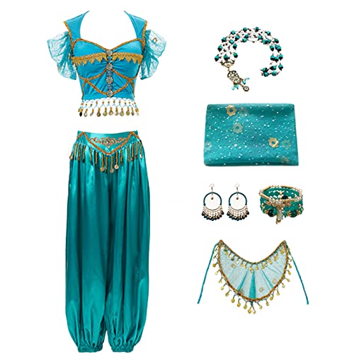 YEAJION Damen Prinzessin Jasmin Kostüm mit Zubehör Prinzessin Aladdin Cosplay Kostüm Bauchtanz Outfit Halloween Karneval Party Bühnenauftritt Kostüm für Erwachsene, L von YEAJION