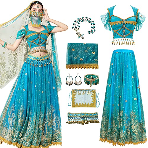 YEAJION Damen Prinzessin Jasmin Kostüm mit Zubehör Prinzessin Aladdin Cosplay Kostüm Bauchtanz Outfit Halloween Karneval Party Bühnenauftritt Kostüm für Erwachsene von YEAJION