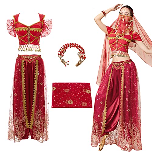 YEAJION Damen Prinzessin Jasmin Kostüm mit Zubehör Prinzessin Aladdin Cosplay Kostüm Bauchtanz Outfit Halloween Karneval Party Bühnenauftritt Kostüm für Erwachsene von YEAJION