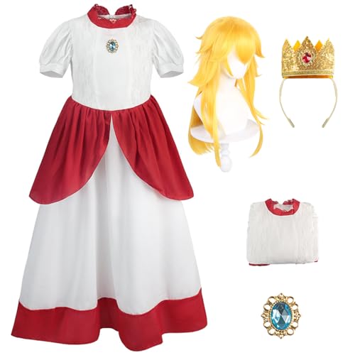 YEAJION Damen Prinzessin Peach Kleid mit Zubehör Perücke Peach Cosplay Verkleidung Prinzessin Kostüm Rosa/Weiß Weihnachten Halloween Karneval Party Bühnenauftritt Kostüm für Erwachsene von YEAJION