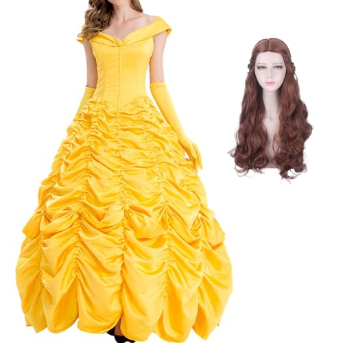 YEAJION Damen Prinzessin Rapunzel Kleid mit Perücke Rapunzel Cosplay Verkleidung Prinzessin Kostüm Weihnachten Halloween Karneval Party Bühnenauftritt Kostüm für Erwachsene von YEAJION