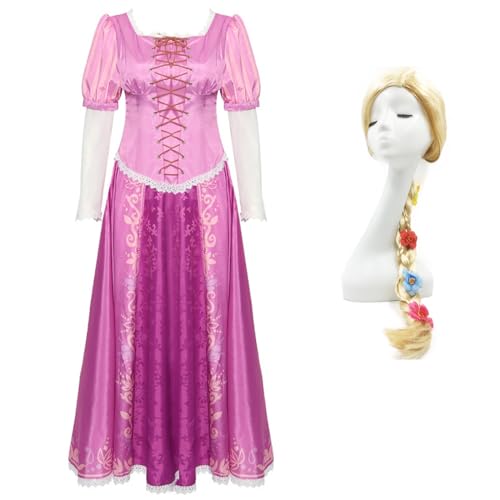YEAJION Damen Prinzessin Rapunzel Kleid mit Perücke Rapunzel Cosplay Verkleidung Prinzessin Kostüm Weihnachten Halloween Karneval Party Bühnenauftritt Kostüm für Erwachsene von YEAJION