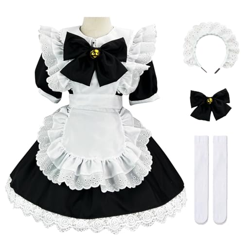 YEAJION French Maid Dress Damen Anime Outfit Maid Cosplay Kleid Niedliche Lolita Kleid Dienstmädchen Kostüm für Café Restaurant Halloween Karneval Maid Kostüm Komplettes Set Größe S-5XL von YEAJION