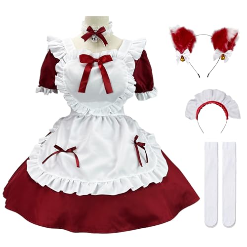 YEAJION French Maid Dress Damen Anime Outfit Maid Cosplay Kleid Niedliche Lolita Kleid Dienstmädchen Kostüm für Café Restaurant Halloween Karneval Maid Kostüm Komplettes Set Größe S-5XL von YEAJION