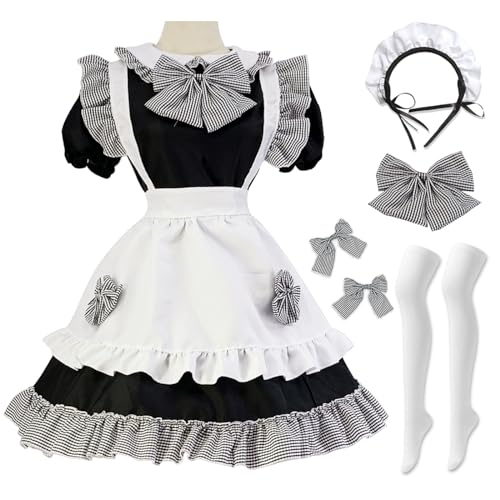 YEAJION French Maid Dress Damen Anime Outfit Maid Kleid Niedliche Lolita Kleid Dienstmädchen Kostüm für Café Restaurant Halloween Karneval Cosplay Maid Kostüm Komplettes Set Größe S-5XL von YEAJION