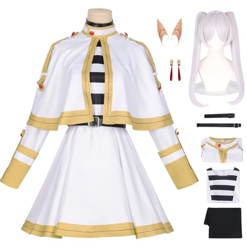 YEAJION Frieren Cosplay Kostüm Set mit Perücke Anime Frieren at the Funeral Verkleidung Frieren Cosplay Costume Halloween Karneval Weihnachten Party Bühnenauftritt Kostüm für Erwachsene von YEAJION