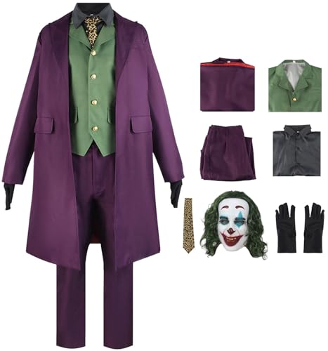 YEAJION Joker Kostüm Kinder Erwachsene Cosplay Heath Ledger Clown Outfit Komplette Herrenanzüge 6 Stück Set für Verkleidung Halloween Karneval Party Deluxe Geburtstage Costume mit Perücken Masken von YEAJION