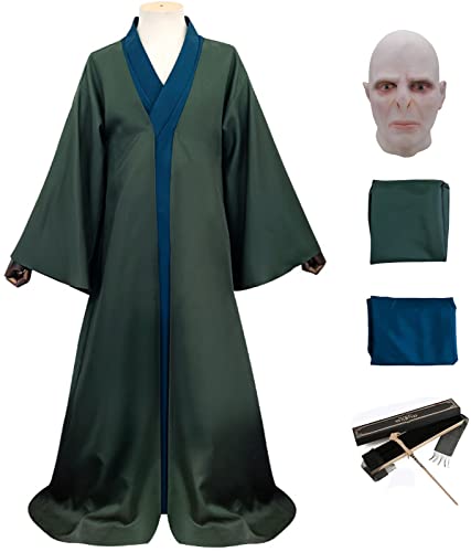 YEAJION Lord Voldemort Cosplay Kostüm Erwachsene Herren Verkleidung Magie Schule Schwarzer Magier Voldemort Jacke Futter und Maske für Halloween Karneval Geburtstag Party Outfit mit Zauberstab von YEAJION