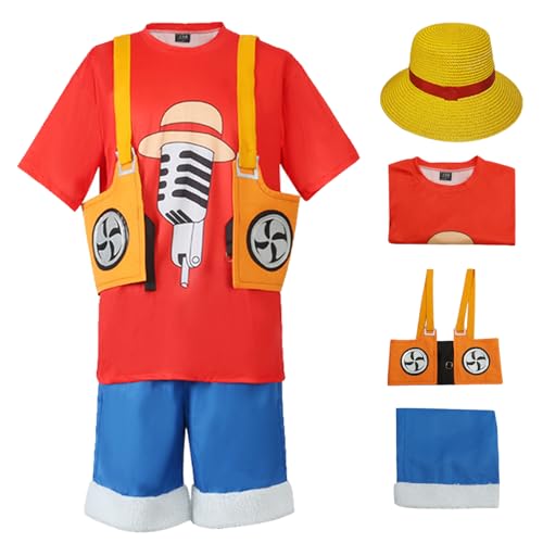 YEAJION Luffy Cosplay Kostüm Set mit Hut Anime One Piece Film RED Verkleidung Monkey D. Luffy Cosplay Outfit Halloween Karneval Party Kostüm für Erwachsene von YEAJION