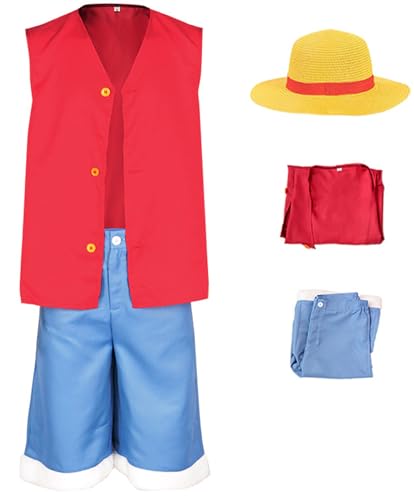 YEAJION Luffy Kostüm Erwachsene Kinder Cosplay Monkey D. Luffy Anime Outfits Weste und Hose mit Hut Set 3 Stück für Verkleidung Halloween Karneval Maskerade Geburtstage Party Costume Rot von YEAJION