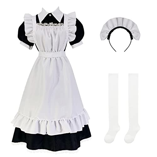 YEAJION Maid Dress Anime Maid Kleid Tradition Britisches Dienstmädchen Kostüm Niedliche Lolita Kleid Halloween Karneval Party Cosplay Maid Kostüm Lang von YEAJION