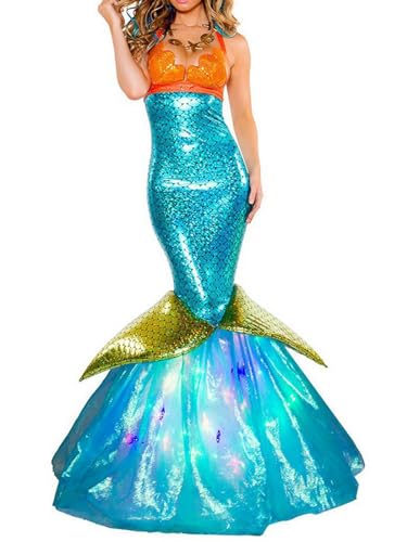 YEAJION Meerjungfrau Prinzessin Kleid Damen Meerjungfrau Verkleidung Prinzessin Kostüm Fishtail Kleid Weihnachten Halloween Karneval Party Bühnenauftritt Kostüm für Erwachsene S-XXL von YEAJION