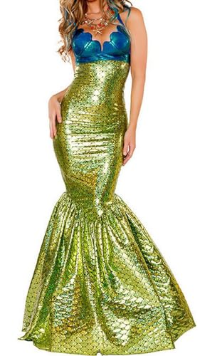 YEAJION Meerjungfrau Prinzessin Kleid Damen Meerjungfrau Verkleidung Prinzessin Kostüm Fishtail Kleid Weihnachten Halloween Karneval Party Bühnenauftritt Kostüm für Erwachsene S-XXL von YEAJION