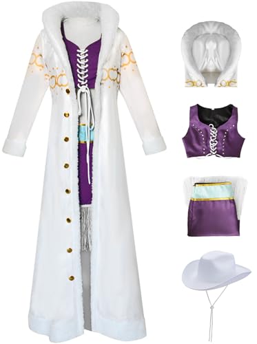 YEAJION Robin Kostüm Damen Cosplay Archäologe Nico·Robin Großem Pelzkragen Mantel und Tops Röcke mit Hüte Set 4 Stück für Erwachsene Verkleidung Halloween Karneval Geburtstage Party Costume von YEAJION