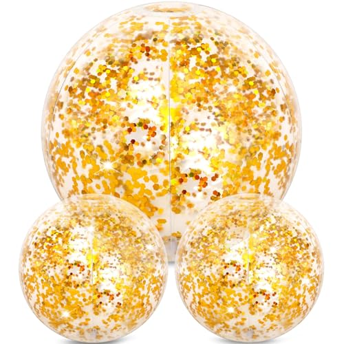 Aufblasbare Glitter Wasserbälle, 3 PCS Wasserball Glitzer, Transparenter Wasserball Kinder, Ball Aufblasbar, Schwimmball, für Kinder Wasserspiele im Sommer, Strandpartys (Gold) von YEAMLTE