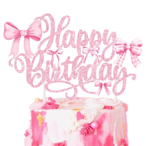Geburtstagstorte Deko, Rosa Schleife Tortendeko, Happy Birthday Tortendeko mit Schleife, Glitzer Süße Schleife Tortendeko, für Junggesellinnen Thema Mädchen Geburtstag Party Kuchen Dekorationen Geburtstagstorte Deko, Rosa Schleife Tortendeko, Happy Birthday Tortendeko mit Schleife, Glitzer Süße Schleife Tortendeko, für Junggesellinnen Thema Mädchen Geburtstag Party Kuchen Dekorationen von YEAMLTE