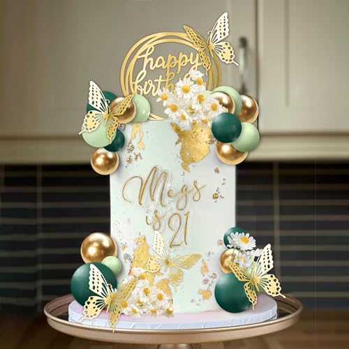 Kugeln Tortendeko, 43 PCS Torten Deko Kugeln, Schmetterling Deko Torte, Tortendeko Blumen, Boho Tortendeko Kugeln, Happy Birthday Tortendeko für Babyparty Hochzeit Geburtstag Party (Grün) von YEAMLTE