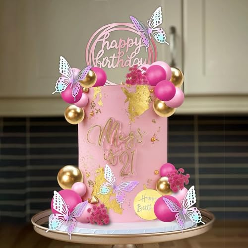 Kugeln Tortendeko, 43 PCS Torten Deko Kugeln, Schmetterling Deko Torte, Tortendeko Blumen, Boho Tortendeko Kugeln, Happy Birthday Tortendeko für Babyparty Hochzeit Geburtstag Party (Rosa) von YEAMLTE