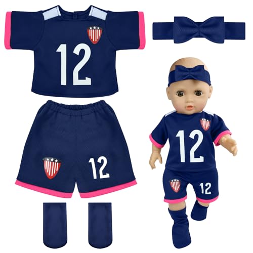 Puppenkleidung Sommer, 18 Zoll Puppen Kleidung, Outfits für Baby Puppen mit Kurzarm, Shorts, Stirnband und Socken, Puppensportbekleidung für 35–45 cm Puppen Sommer Accessoires (Dunkelblau) von YEAMLTE