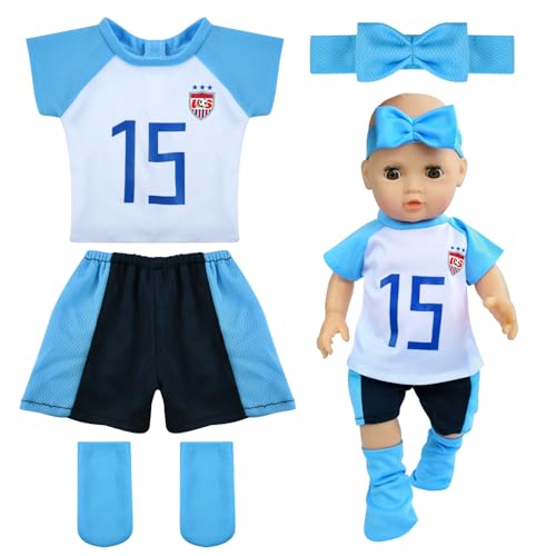 Puppenkleidung Sommer, 18 Zoll Puppen Kleidung, Outfits für Baby Puppen mit Kurzarm, Shorts, Stirnband und Socken, Puppensportbekleidung für 35–45 cm Puppen Sommer Accessoires (Hellblau) von YEAMLTE