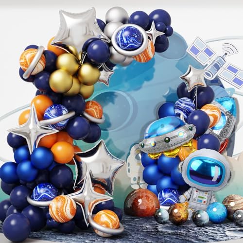 Space Kindergeburtstag Partydeko, 120 PCS Astronaut Rakete Folienballon, Kindergeburtstag Deko Ballons, Weltraumthema Ballon Set, Raumschiff, Stern Folienballon, Navy Blau Orange Luftballons von YEAMLTE