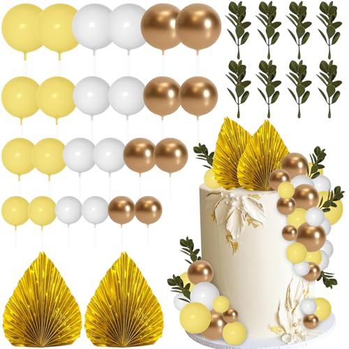 Tortendeko Kugeln, 64 PCS Boho Tortendeko, Palmenblätter Tortendekos, Kuchen Dekoration Kugel, Tortendekos Gold, Cake Topper Geburtstag für DIY Party, Hochzeiten, Babypartys (Gelb) von YEAMLTE