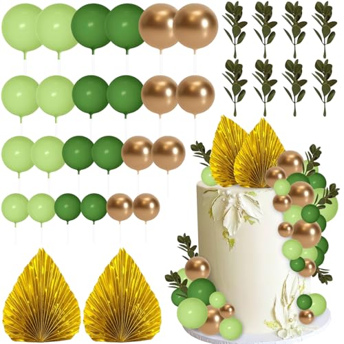 Tortendeko Kugeln, 64 PCS Boho Tortendeko, Palmenblätter Tortendekos, Kuchen Dekoration Kugel, Tortendekos Gold, Cake Topper Geburtstag für DIY Party, Hochzeiten, Babypartys (Grün) von YEAMLTE