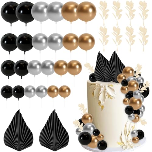 Tortendeko Kugeln, 64 PCS Boho Tortendeko, Palmenblätter Tortendekos, Kuchen Dekoration Kugel, Tortendekos Gold, Cake Topper Geburtstag für DIY Party, Hochzeiten, Babypartys (Schwarz) von YEAMLTE