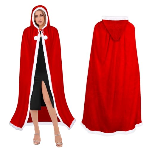YEAMLTE Weihnachten Santa Umhang, Weihnachtsmantel Cape Damen, Roter Umhang mit Kapuze, Rote Samt Weihnachtsmantel, Santa Claus Umhang mit Kapuze, Weihnachtsoutfits für Kinder und Erwachsene (150cm) von YEAMLTE