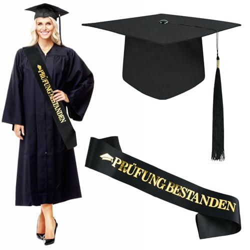 YEAMLTE Graduation Deko Set Abschluss Hut mit Prüfung Bestanden Schärpe Abschluss Abitur Graduation Party Deko Prüfung Bestanden Geschenk Schwarz Gold Schärpe Bedrucken mit Bachelor Hut von YEAMLTE