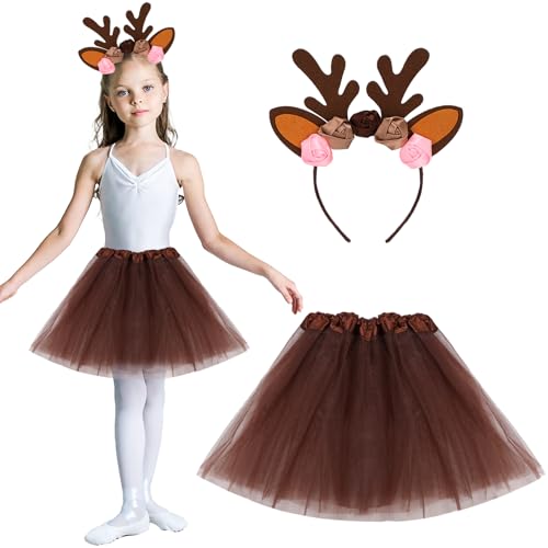 YEAMLTE Rentier Kostüm Mädchen, Reh Kostüm Kinder, Kostüm Rentier Kinder, Elch Kostüm mit TüTü kinder, Haarreif Rentier, Tierkostüm Kinder für Cosplay, Weihnachten, Karneval (2 PCS) von YEAMLTE