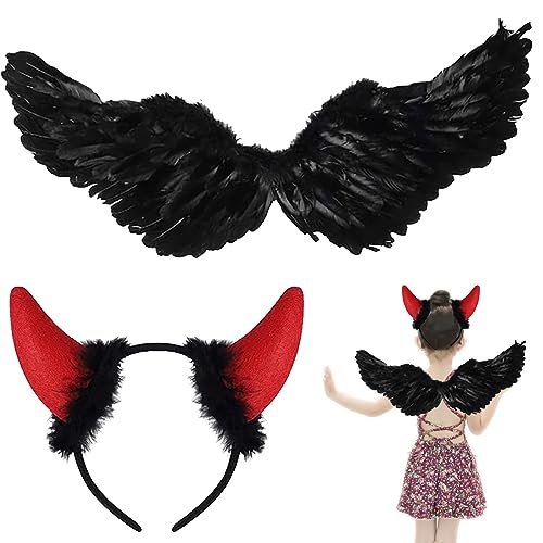 Engelsflügel, Flügel Kostüm Mädchen Mit Stirnband, Für Kinder-Cosplay Als Engel Oder Dämonen, Halloween- Und Fasching Für Karneval Amor Rollenspiele (Schwarze Flügel Mit Teufelshorn-Stirnband) von YEAPEAK