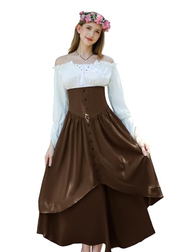 Viktorianische Ära inspiriertes Ensemble mit hoher Taille, Knopfrock, Ensemble für Renaissance-Kostüme für Damen, Braun, 3XL von YEAXLUD