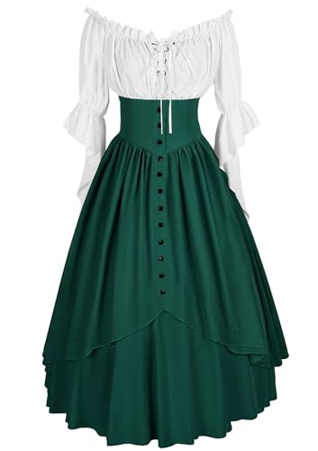 Viktorianische Ära inspiriertes Ensemble mit hoher Taille, Knopfrock, Ensemble für Renaissance-Kostüme für Damen, Grün , 3XL von YEAXLUD