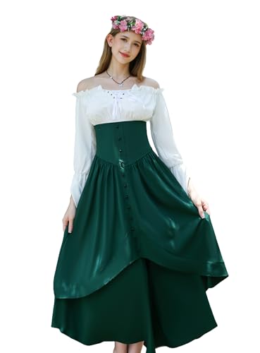 Viktorianische Ära inspiriertes Ensemble mit hoher Taille, Knopfrock, Ensemble für Renaissance-Kostüme für Damen, Grün , S von YEAXLUD