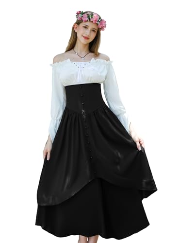 Viktorianische Ära inspiriertes Ensemble mit hoher Taille, Knopfrock, Ensemble für Renaissance-Kostüme für Damen, Schwarz, M von YEAXLUD