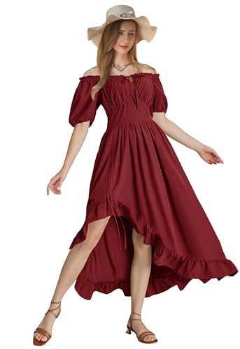 YEAXLUD Renaissance-Kostüm für Damen, Milchmädchen-Korsett, Westernfee, Landhausstil, viktorianisches Kleid, schulterfrei, Vintage-Stil, Bauernmädchen, mittelalterliches Chemise-Kleid (Rot, XXL) von YEAXLUD