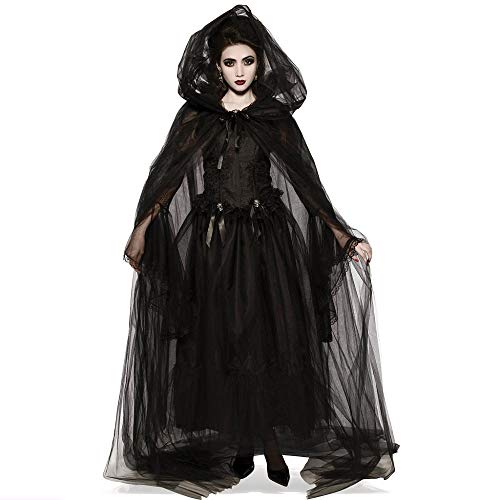 YEBIRAL Halloween Kostüm Damen Lange mit Kapuze Steampunk Gothic Magic Mistress Hexenkostüm Teufelchen Halloween Cosplay Kostüm (1 Kleid + 1 Farbband + 1 Umhang + 2 Ärmel) 5 Stück von YEBIRAL