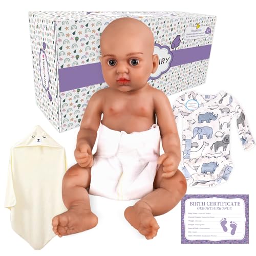 YEEFAIRY Realistische Silikon Reborn Babypuppe 39cm 1,8kg Lebensechte Neugeborene Junge mit Geöffneten Augen (kein Vinyl) Baby Boy Emotionspuppe für Paare mit Unerfülltem Kinderwunsch, Bräune von YEEFAIRY
