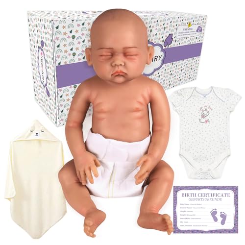 YEEFAIRY Realistische Silikon Reborn Babypuppe 43cm 2,7kg Lebensecht Neugeboren Schlafend Mädchen mit Natürlichen Geschlossenen Augen (kein Vinyl) Baby Girl Emotionspuppe für Kinderwunsch, Bräune von YEEFAIRY