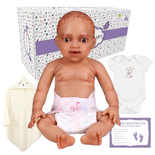 YEEFAIRY Realistische Silikon Reborn Babypuppe 43cm 2,9kg Lebensechte Gemischt Ethnien Afroamerikanisch Neugeboren Mädchen mit Geöffneten Augen (kein Vinyl) Baby Girl Emotionspuppe für Paare, Bräune von YEEFAIRY