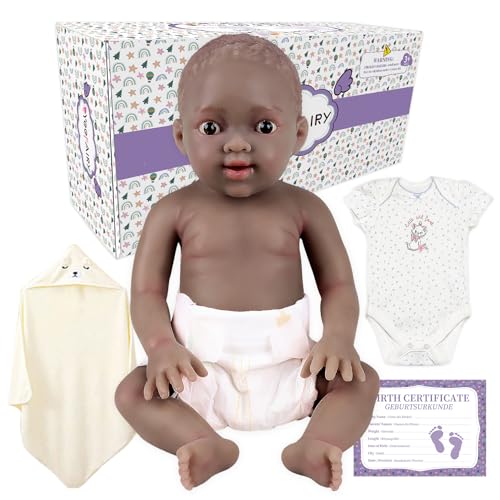 YEEFAIRY Realistische Silikon Reborn Babypuppe 43cm 2,9kg Lebensechte Gemischt Ethnien Afroamerikanisch Neugeboren Mädchen mit Geöffneten Augen (kein Vinyl) Baby Girl Emotionspuppe für Paare, Schwarz von YEEFAIRY