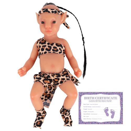 YEEFAIRY Vollsilikon Realistische Elfenkind Aviytahr Babypuppe 31cm mit Geöffneten Augen & Feenhaften Ohren Charakteristisch Geformt Junge Elfenbaby Spitz Elfenohren (Bräune, mit Haare) von YEEFAIRY