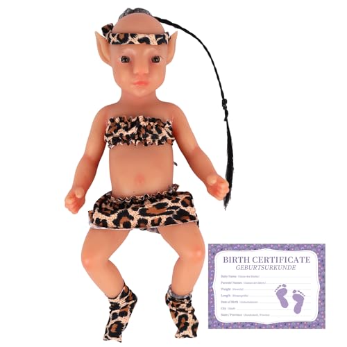 YEEFAIRY Vollsilikon Realistische Elfenkind Aviytahr Babypuppe 31cm mit Geöffneten Augen & Feenhaften Ohren Charakteristisch Geformt Mädchen Elfenbaby Spitz Elfenohren (Bräune, mit Haare) von YEEFAIRY