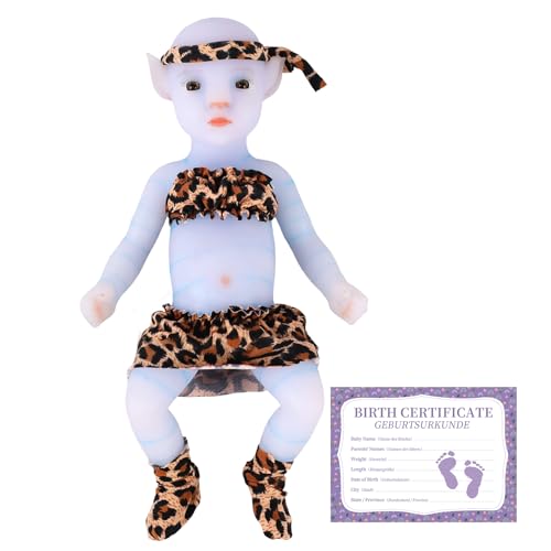 YEEFAIRY Vollsilikon Realistische Elfenkind Aviytahr Babypuppe 31cm mit Geöffneten Augen & Feenhaften Ohren Charakteristisch Geformt Mädchen Elfenbaby Spitz Elfenohren (Hellblau, Ohne Haare) von YEEFAIRY