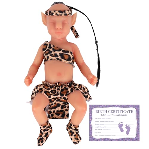 YEEFAIRY Vollsilikon Realistische Elfenkind Aviytahr Babypuppe 31cm mit Geschlossenen Augen & Feenhaften Ohren Charakteristisch Geformt Junge Elfenbaby Spitz Elfenohren (Bräune, mit Haare) von YEEFAIRY