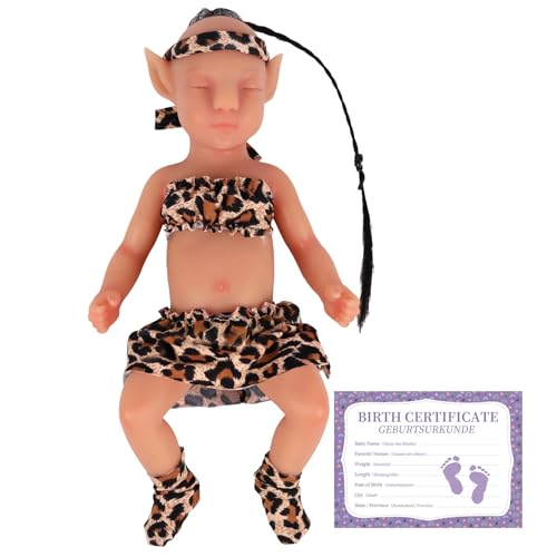 YEEFAIRY Vollsilikon Realistische Elfenkind Aviytahr Babypuppe 31cm mit Geschlossenen Augen & Feenhaften Ohren Charakteristisch Geformt Mädchen Elfenbaby Spitz Elfenohren (Bräune, mit Haare) von YEEFAIRY