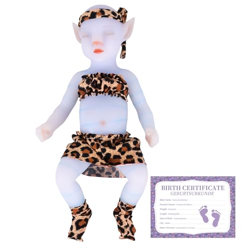 YEEFAIRY Vollsilikon Realistische Elfenkind Aviytahr Babypuppe 31cm mit Geschlossenen Augen & Feenhaften Ohren Charakteristisch Geformt Mädchen Elfenbaby Spitz Elfenohren (Hellblau, Ohne Haare) von YEEFAIRY