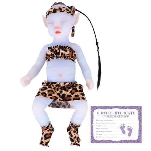 YEEFAIRY Vollsilikon Realistische Elfenkind Aviytahr Babypuppe 31cm mit Geschlossenen Augen & Feenhaften Ohren Charakteristisch Geformt Mädchen Elfenbaby Spitz Elfenohren (Hellblau, mit Haare) von YEEFAIRY