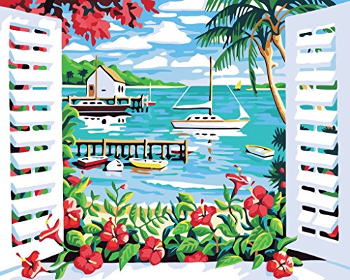 Malen nach Zahlen Neuerscheinungen Neuheiten - DIY Ölgemälde durch Zahlen, Malen nach Zahlen Kits - Fenster See Boat 16 * 20 Zoll - digitales Ölgemälde Segeltuch-Wand-Kunst-Grafik Landschaftsmalerei für Heim Wohnzimmer Büro Christmas Decor Decorations-Geschenke - DIY Farbe durch Zahl DIY Segeltuch-Kit für Erweiterte Erwachsene Kinder Senioren Junior - neue Ankunfts von YEESAM ART